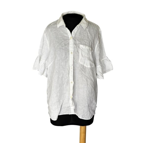 White Lord & Taylor Womens Linen Button-Up Shirt With Ruffled Sleeves - Picture 1 of 8